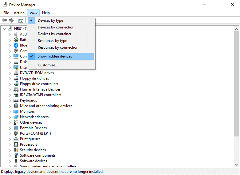 Ahora, cambie a la pestaña Ver y haga clic en Mostrar dispositivos ocultos.  0x80004005 Error no especificado