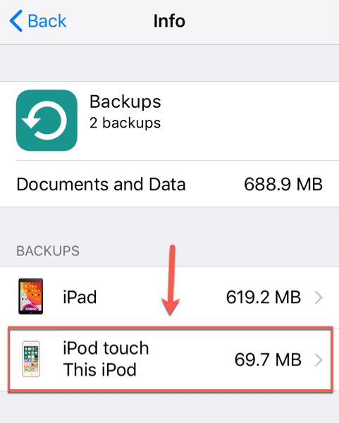 Questo iPod nel menu Informazioni sui backup