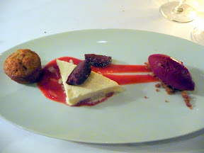 Mistral Kitchen, Seattle, chef's dinner, muffin of banana nut with semi freddo, more roasted caramelized fig, and a very tart sorbetto over the crunchy crushed walnut