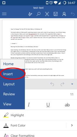 Android, Microsoft Word, แทรก, ท้ายกระดาษ, ส่วนหัว, หมายเลขหน้า, เอกสาร