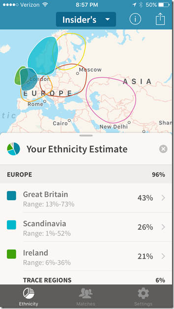 AncestryDNA app ethnicity estimates and map