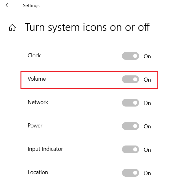 schakel de schakelaar voor het volumesysteempictogram in het menu Systeempictogrammen in- of uitschakelen in.  Fix Windows 10 Volumeregeling werkt niet