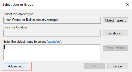 Haga clic en Avanzado en la ventana Seleccionar usuario o grupo