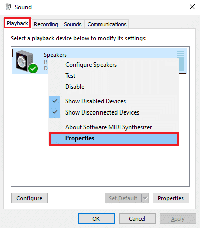 Haga clic derecho en su dispositivo de reproducción predeterminado y haga clic en Propiedades