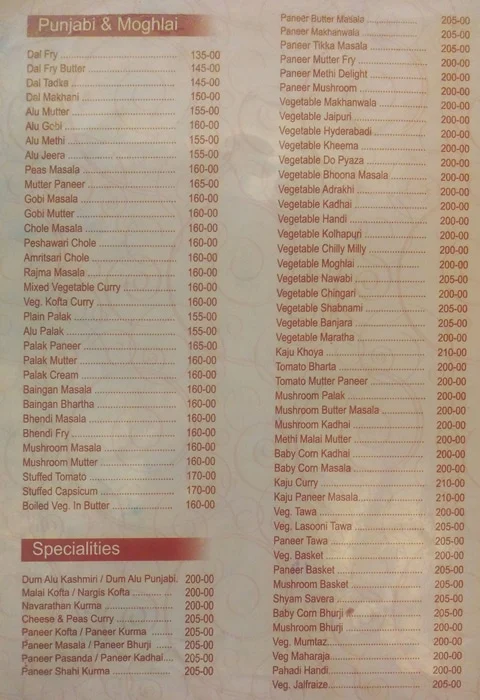 Kalyani Veg menu 