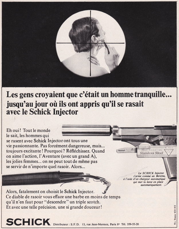 Publicité vintage : Les gens croyaient que c'était un homme tranquille... (Schick injector) - Pour vous Madame, pour vous Monsieur, des publicités, illustrations et rédactionnels choisis avec amour dans des publications des années 50, 60 et 70. Popcards Factory vous offre des divertissements de qualité. Vous pouvez également nous retrouver sur www.popcards.fr et www.filmfix.fr