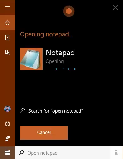 Cortana เปิด Notepad