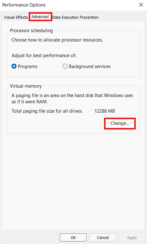chuyển đến tab nâng cao và nhấp vào Thay đổi ... cho Bộ nhớ ảo trong Tùy chọn hiệu suất