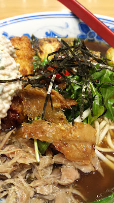 Boke Bowl Duck ramen which is a winter special ramen, seasonal veggies are the Brussels sprouts and butternut squash. I upgraded the ramen with the add in of fried chicken with their orange dot sauce, pickled mustard seeds in an aioli base sauce