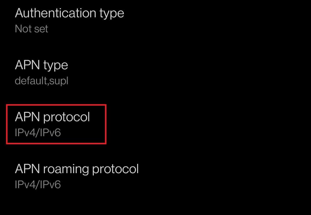 Faites défiler vers le bas et appuyez sur Protocole APN.