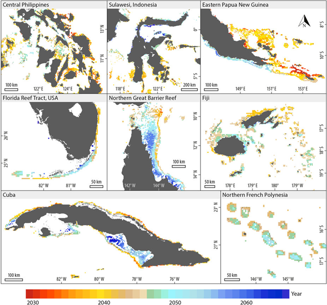 Statistically downscaled projections of the timing of the onset of annual severe bleaching (ASB) conditions under RCP8.5 for selected coral reef regions. These exemplify the high local-scale (10’s of km) variation seen in projected ASB timing in most locations and, though atypical, the low variation seen in Northern French Polynesia. Graphic: van Hooidonk, et al., 2016 / Scientific Reports