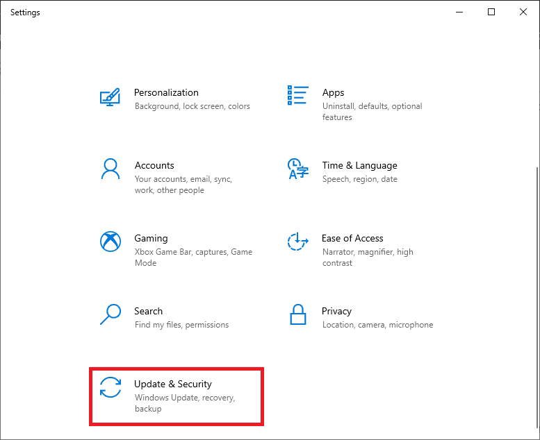 Maintenant, faites défiler la liste et sélectionnez Mise à jour et sécurité.  Correction du code d'erreur 0x80070490 dans Windows 10