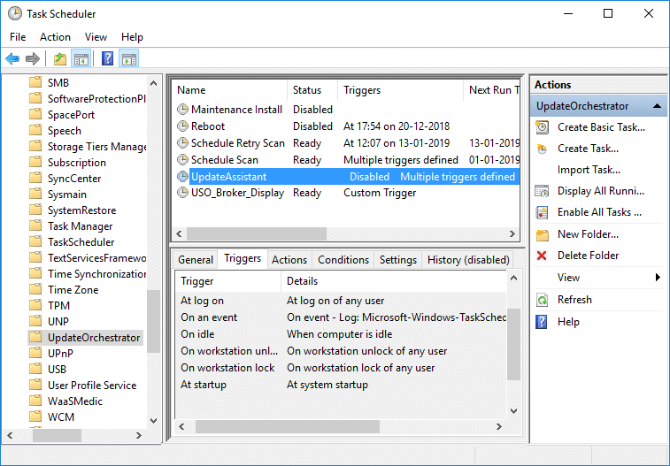 Select UpdateOrchestrator then in the right window pane double-click on Update Assistant