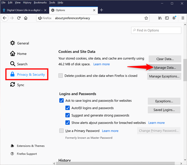 Manage Cookies and Site Data