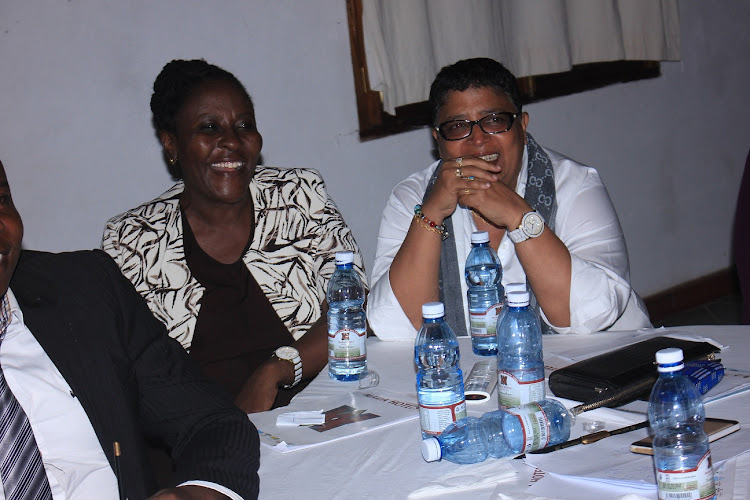 Gender, Youth and Sports CEC Maureen Mwangovya and her Health counterpart Anisa Omar during the launch of WIMA women's initiative at a Kilifi hotel on Thursday.