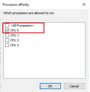 그런 다음 모든 프로세서 상자의 선택을 취소한 다음 그림과 같이 CPU 0 상자를 선택합니다.  그런 다음 확인을 클릭하십시오.