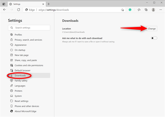 Modifica il percorso di download predefinito di Microsoft Edge