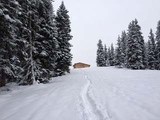 Die Birgitzer Alm ist fast erreicht. Dahinter Nebel