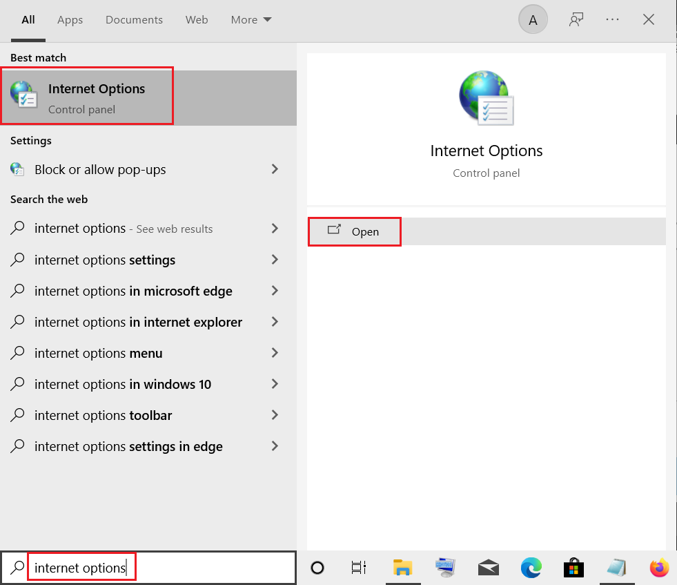 abrir opciones de Internet desde Windows Search