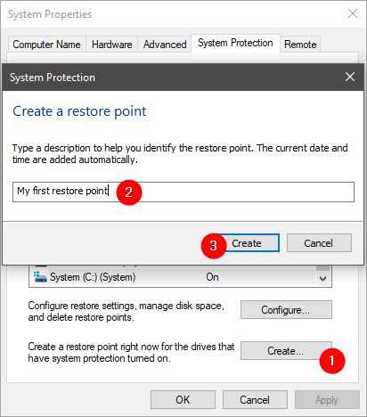 Creación manual de un punto de restauración del sistema en Windows 10