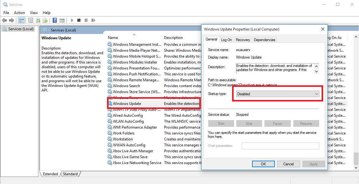 Disable windows update service