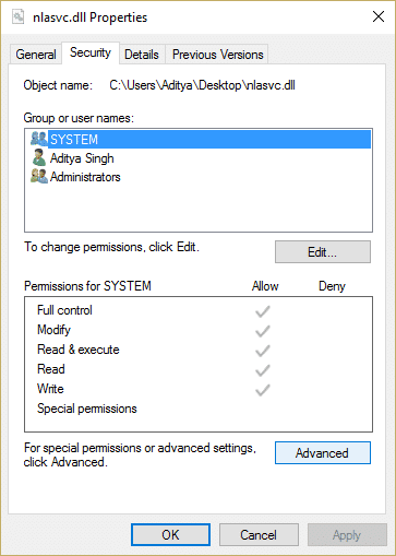 klik met de rechtermuisknop op nlasvc.dll en klik op eigenschappen, schakel over naar het tabblad Beveiliging en klik op Geavanceerd