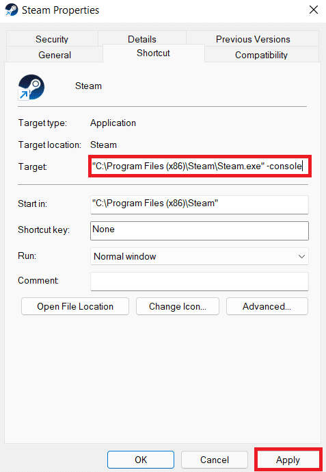 เพิ่ม -console ที่ส่วนท้ายของที่อยู่พาธ Steam ที่มีอยู่