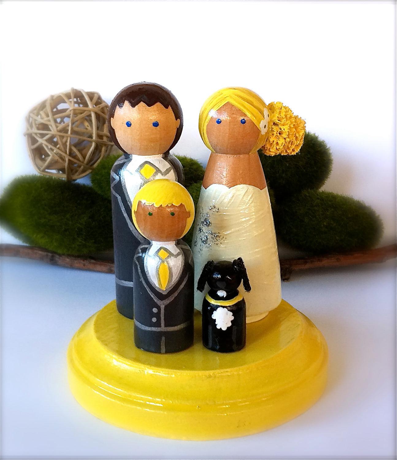 Custom Family of 4 Wedding Cake Toppers Keepsake Wood Peg Dolls Wooden