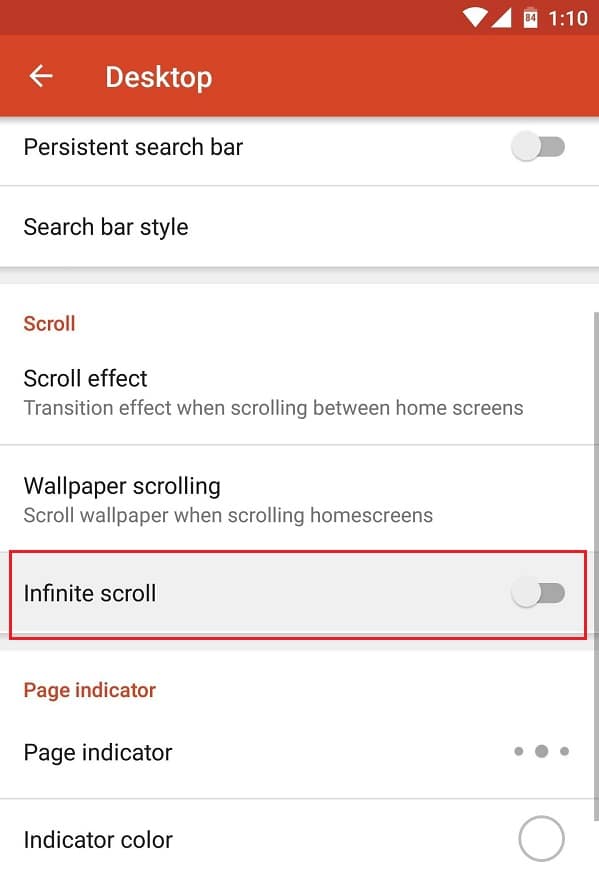 Desactive el interruptor para la función de desplazamiento infinito |  Habilitar Google Feed en Nova Launcher