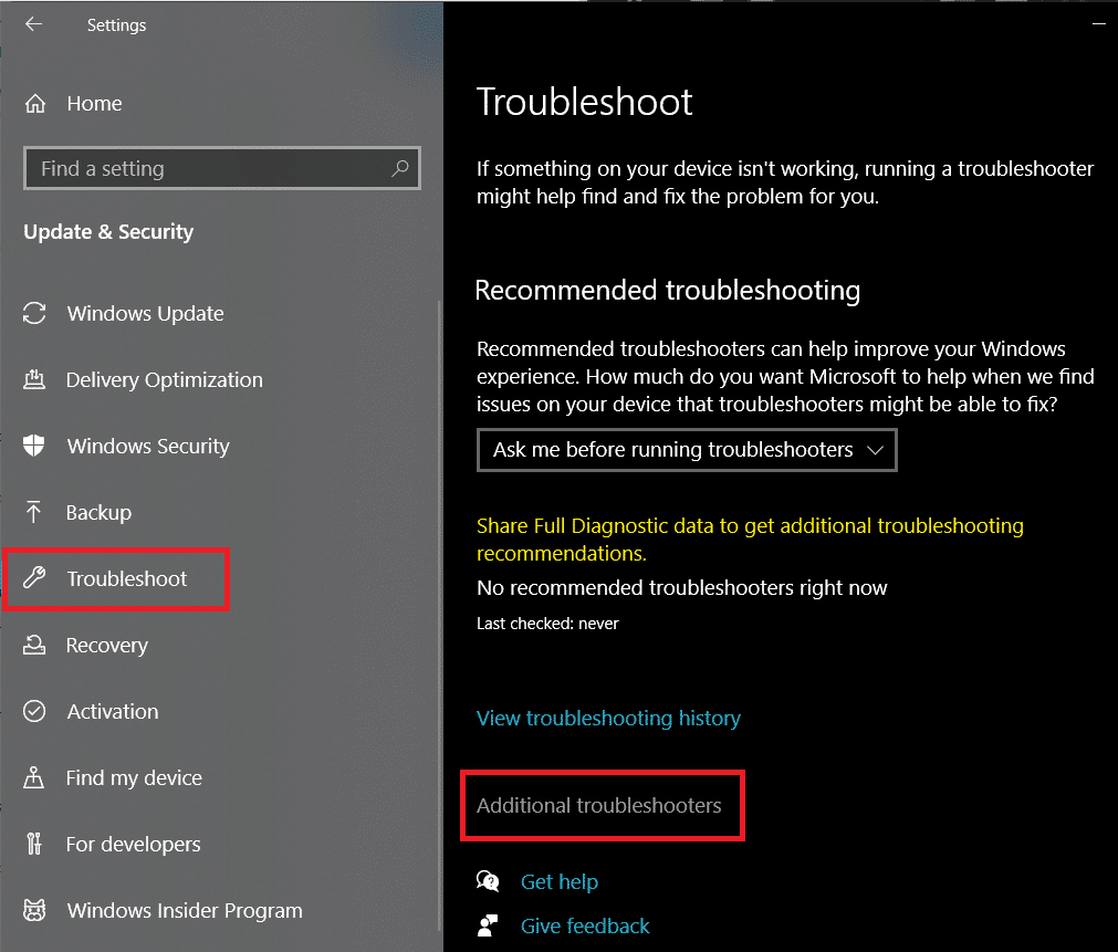 トラブルシューティング設定に移動し、[追加のトラブルシューティング]をクリックします