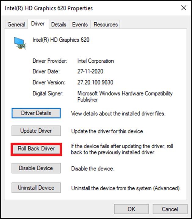 สลับไปที่แท็บ Driver และเลือก Roll Back Driver  วิธีดูว่าการ์ดจอของคุณกำลังจะตายหรือไม่