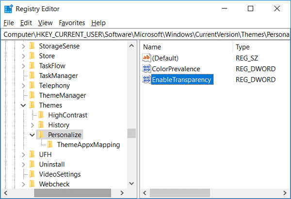 Transparantie-effecten in- of uitschakelen met de Register-editor