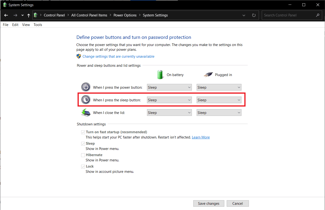 Dans le Lorsque j'appuie sur le bouton de mise en veille, cliquez sur la liste déroulante sous À la fois sur batterie et Branché et choisissez l'option Veille.