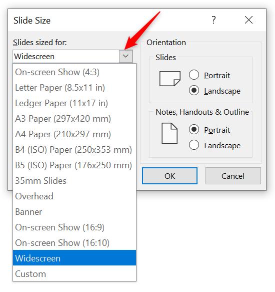 เปลี่ยนขนาดของสไลด์ PowerPoint ด้วยตัวเลือกที่ตั้งไว้ล่วงหน้าอย่างใดอย่างหนึ่ง