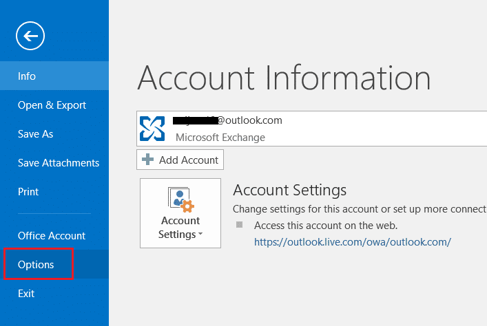 seleziona o fai clic sulle opzioni nel menu File in Outlook