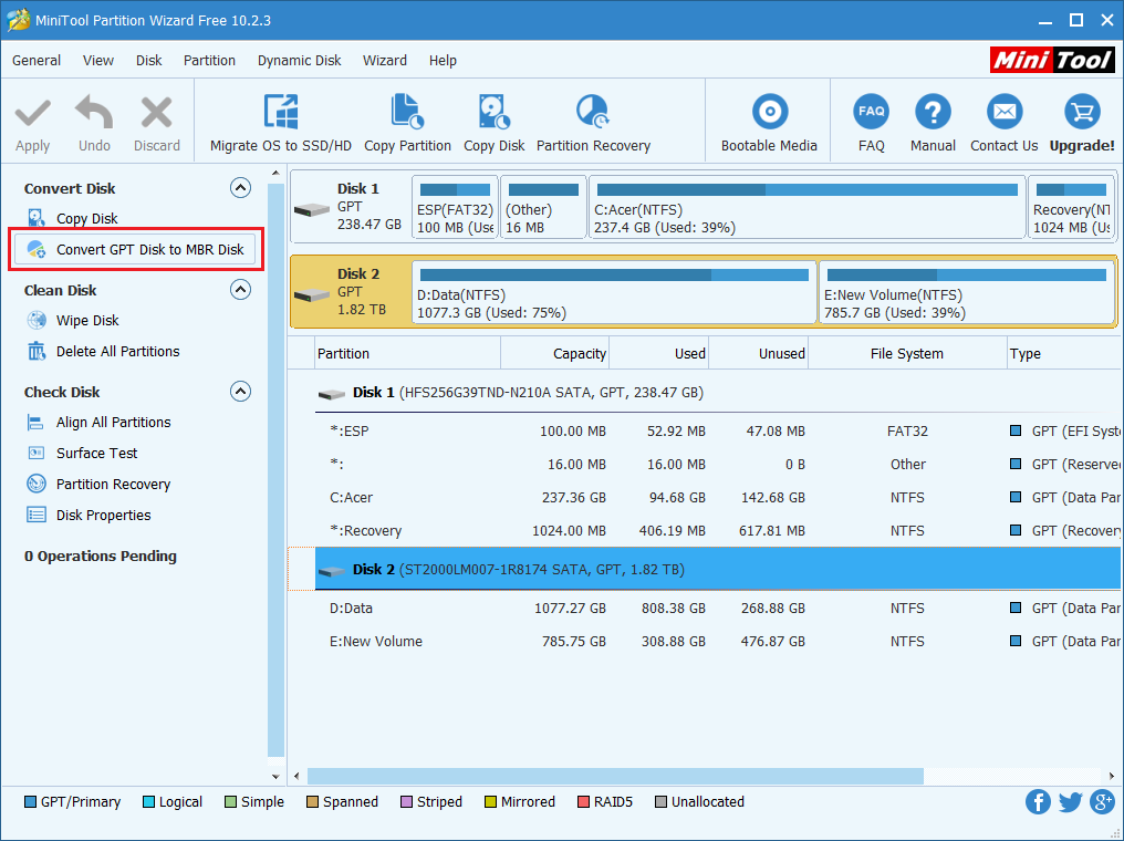 แปลง GPT Disk เป็น MBR Disk โดยใช้ MiniTool Partition Wizard