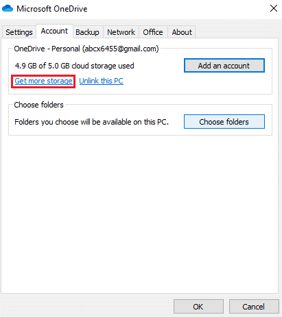 Klik onder Account op de link Meer opslagruimte ophalen.