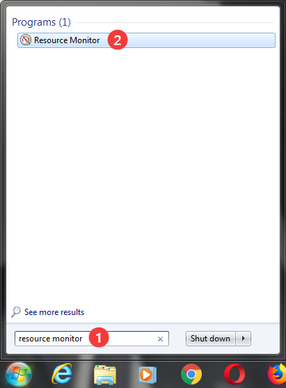 Zoeken naar Resource Monitor in Windows 7
