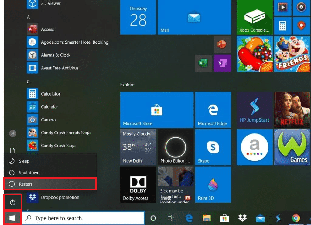 Klik op het startmenu, het aan/uit-pictogram en de optie Opnieuw opstarten