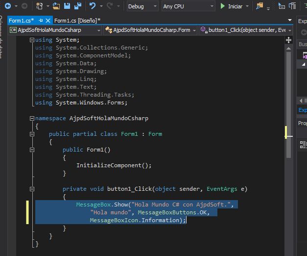 Primera aplicacin Visual Studio .NET Community 2015 en C# C Sharp Hola Mundo