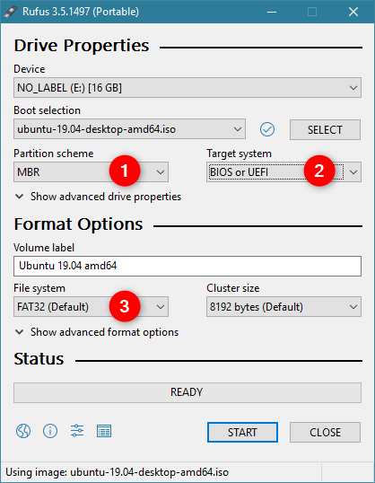 Rufus configurado para instalar Ubuntu en una PC con BIOS o UEFI y MBR