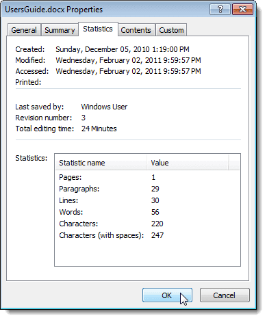 Word 2007의 속성 대화 상자