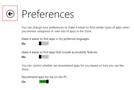 Windows 8.1、アプリ、ストア、設定、アクセシビリティ、言語、推奨事項