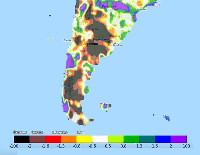 Drought conditions over South America on 26 March 2018, as measured using the 3-month Standardized Precipitation Index (SPI). Graphic: Latin American Flood and Drought Monitor / Princeton.edu