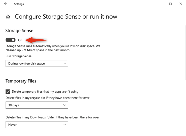 L'interruttore per attivare o disattivare Storage Sense