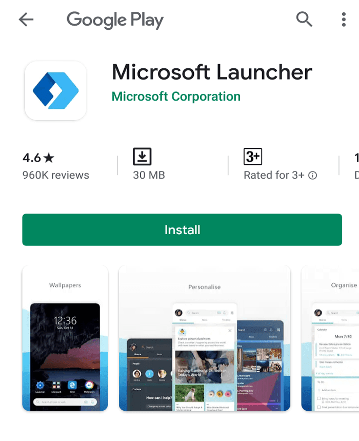 Wanneer u op die link klikt, wordt u doorgestuurd naar de Microsoft Launcher-app