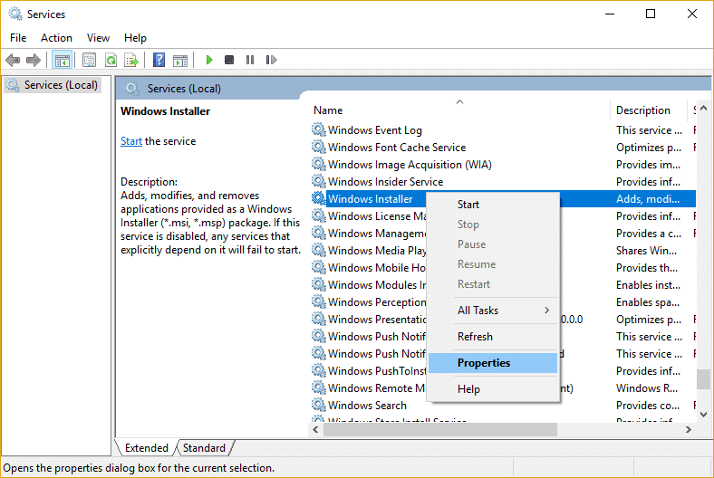 Windows Installer 서비스를 마우스 오른쪽 버튼으로 클릭한 다음 속성을 선택합니다.