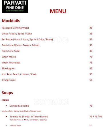 Parvati Fine Dine menu 