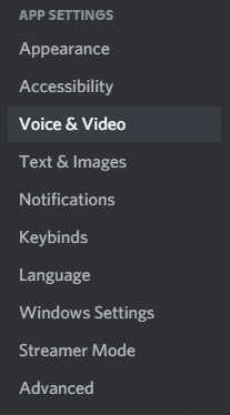 现在，向下滚动到左侧窗格中的 APP SETTINGS 菜单，然后单击 Voice & Video