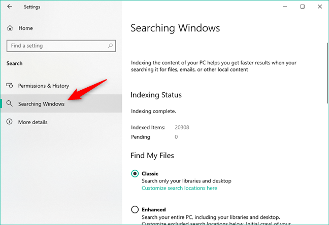 Las opciones disponibles para Buscar en Windows